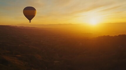 Obraz premium Hot Air Balloon Soaring Over Golden Sunset Mountains