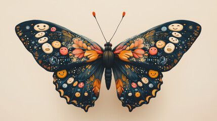 colorful butterfly with smiley faces and floral patterns, symbolizing joy and creativity. Its vibrant wings showcase blend of emotions and nature beauty