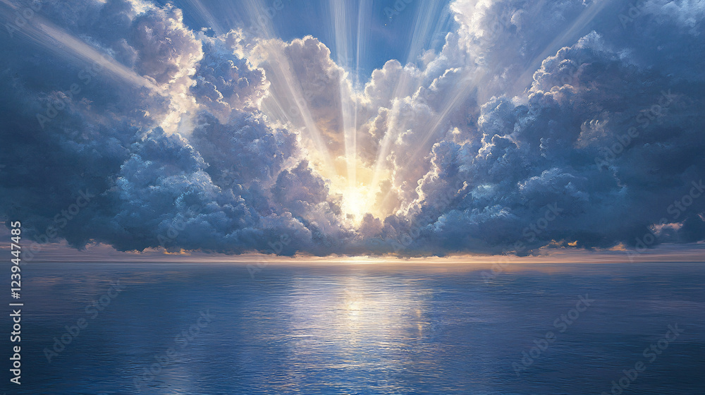 Poster an otherworldly vortex of cloud hovering above a shimmering lagoon, with beams of light breaking thr