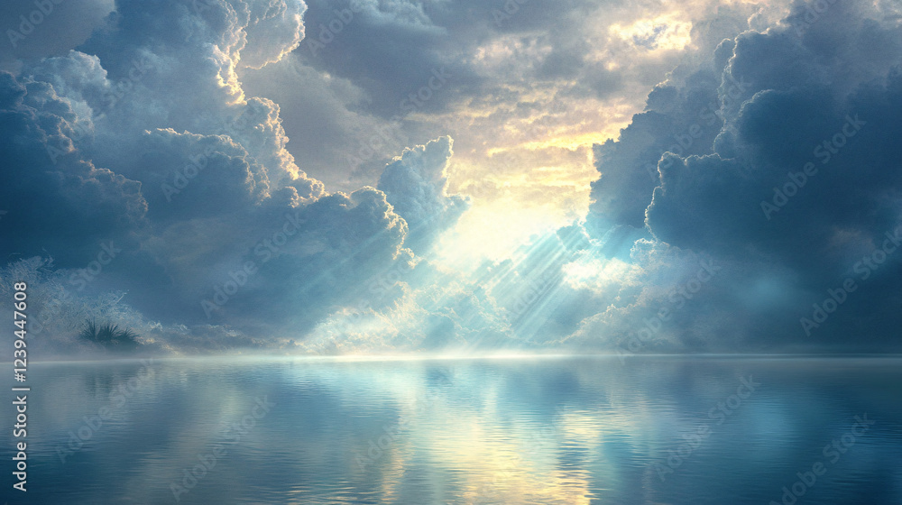 Poster an otherworldly vortex of cloud hovering above a shimmering lagoon, with beams of light breaking thr