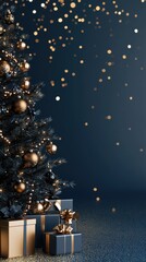 Christmas Background with Golden Gifts and Tree