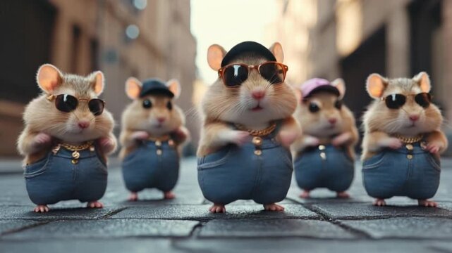 cool funny fat hamsters dance on a city street