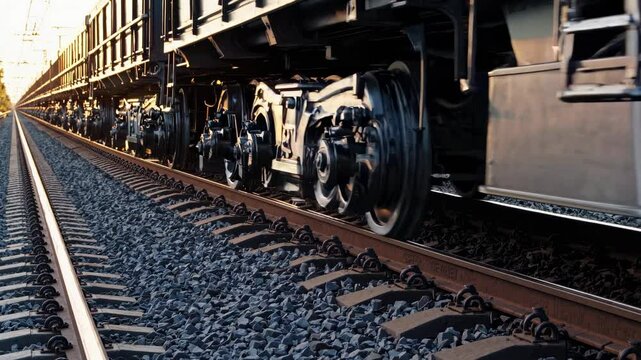 Modern train wheels and railroad tracks close-up view at sunset. Industrial transport infrastructure details with dramatic perspective and golden hour lighting