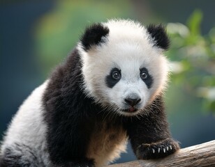 panda black and white panda bear cub stands on a branch panda bear has mood of curiosity and surprise