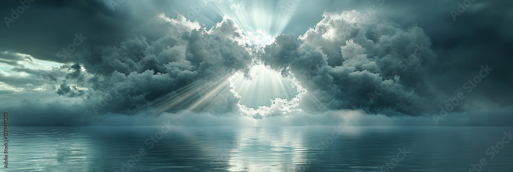 Poster an otherworldly vortex of cloud hovering above a shimmering lagoon, with beams of light breaking thr