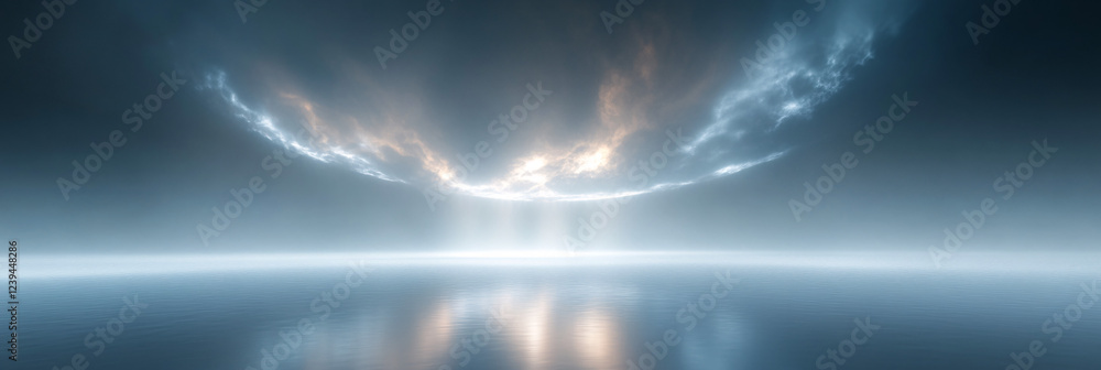 Poster an otherworldly vortex of cloud hovering above a shimmering lagoon, with beams of light breaking thr