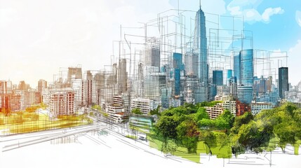Obraz premium city planning with architectural sketch and green landscape, representing sustainable urban development, innovation, and modern infrastructure, Generative Ai