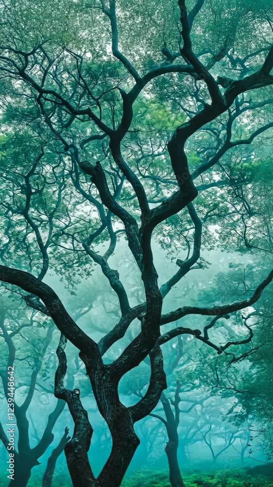 Aufkleber mysterious fog envelops twisted trees in a serene forest during early morning hours