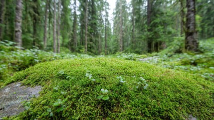 Obraz premium Lush moss carpet in a misty forest path