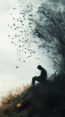 Loss is the Only Constant man seating in a forest thinking lots of birds