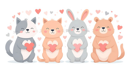 Naklejka premium Cute Animals with Hearts Vector Set for Valentine’s Day