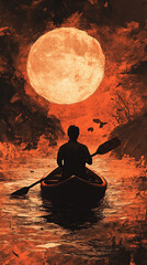 Peril man in canoo towards horizon sunset