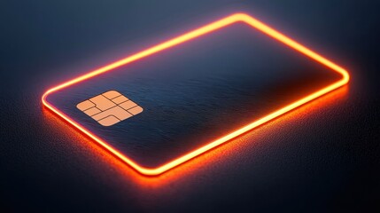 A sleek, glowing credit card with a textured surface, illuminated by an orange light against a dark background.