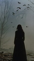 woman in forest fog and birds