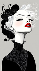 woman portrait black and white red lips stylized