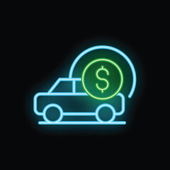 Neon sign illuminating a car with a dollar coin above it, symbolizing the concept of car expenses