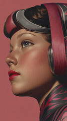 Woman 60s style headphones pink background