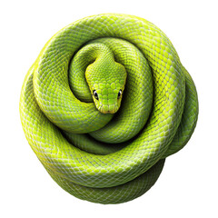 Fototapeta premium Closeup of bright green snake with detailed scales, coiled and resting, isolated on white transparent background, reptiles or wildlife, symbolizing Chinese Lunar New year