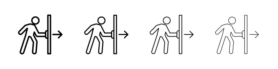 Person push the door icon Outline sign symbol set