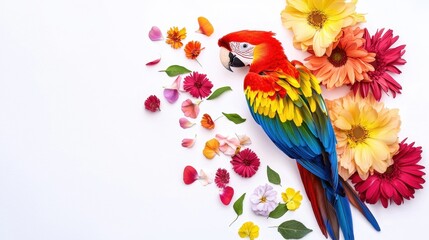 Obraz premium A vibrant parrot surrounded by colorful flowers and petals, showcasing a lively tropical theme.