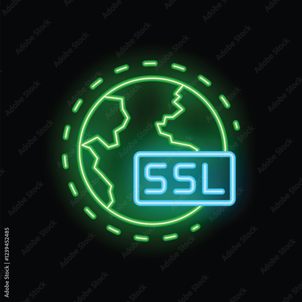 Poster neon ssl certificate icon glowing in front of planet earth, symbolizing global cybersecurity and dat