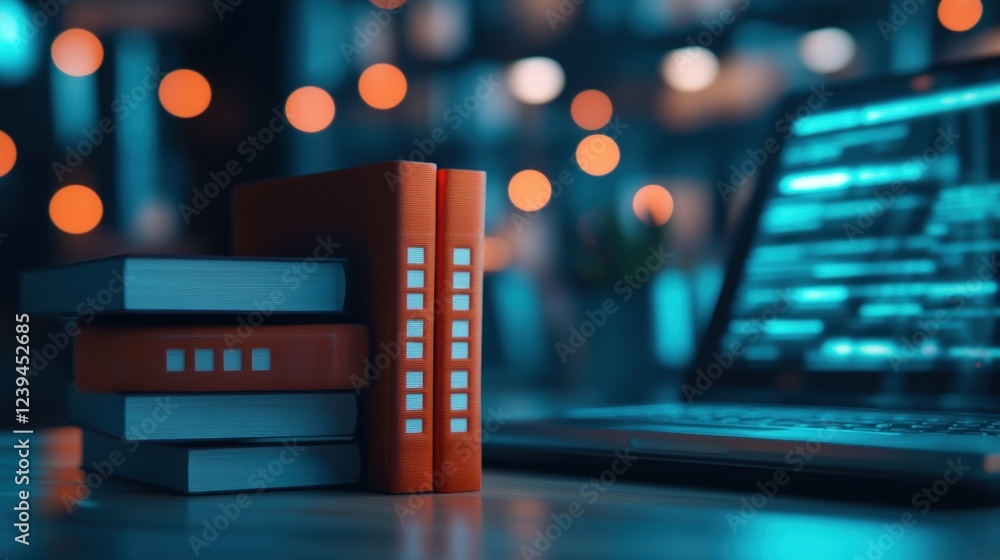 Poster coding books and laptop in night setting