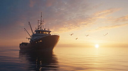 Fototapeta premium Fishing Trawler at Sea During Golden Hour, with a Calm Ocean and Soft Hues in the Sky Creating a Peaceful and Serene Maritime Setting