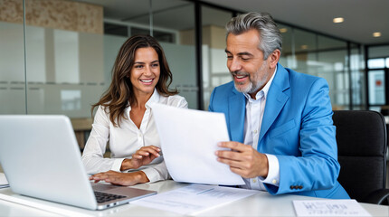Business colleagues review documents. Successful team collaboration. Office teamwork.  Project planning meeting.
