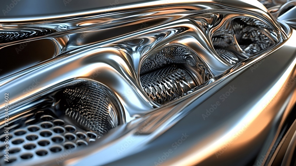 Poster abstract chrome and silver metal surface reflecting light and creating curved and flowing shapes wit