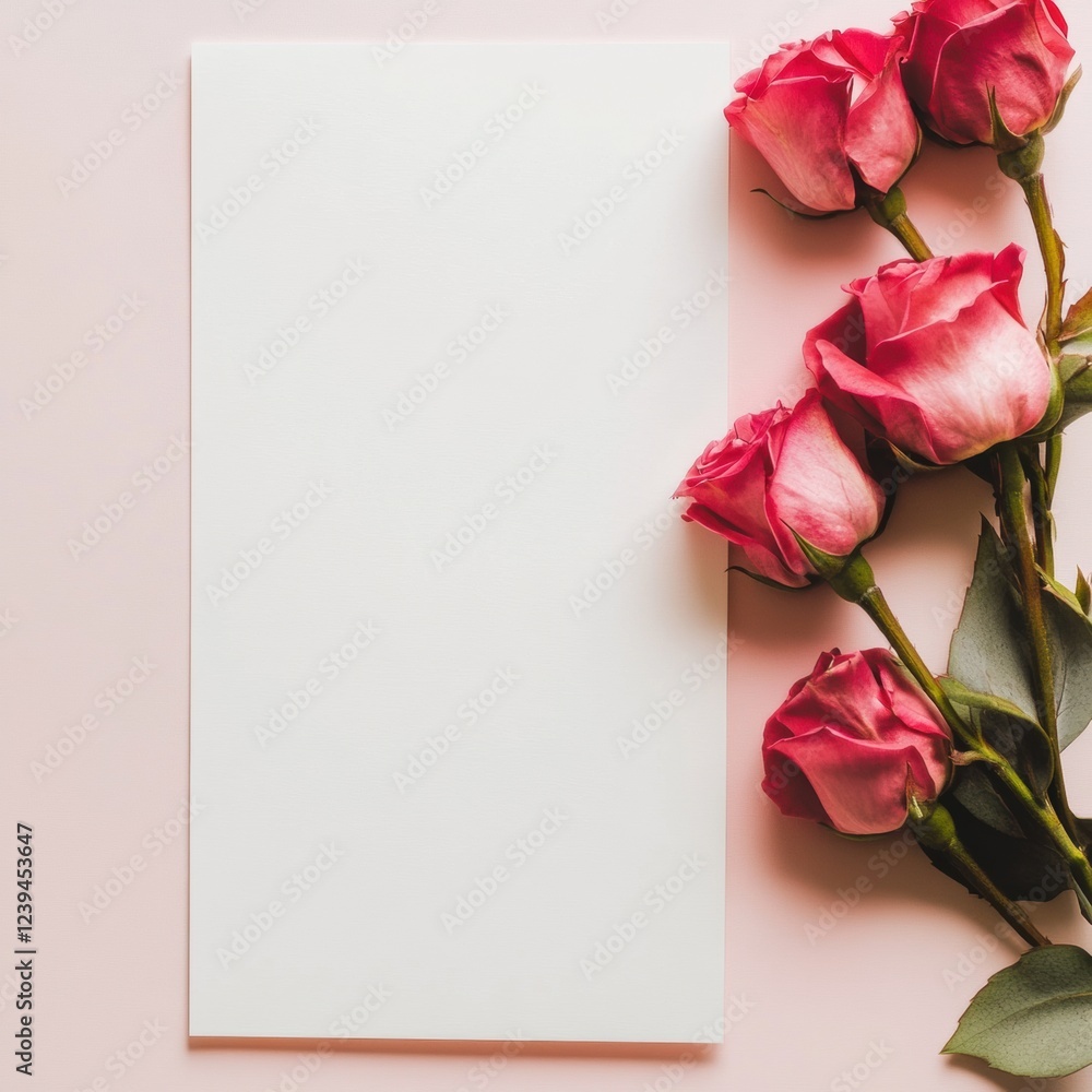 Aufkleber elegant arrangement of pink roses beside a blank white card on a soft pink background for various oc