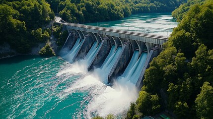 Fototapeta premium Large hydroelectric dam with powerful water flow surrounded by lush green landscape, representing renewable energy, sustainable resources, and environmental conservation, Generative Ai
