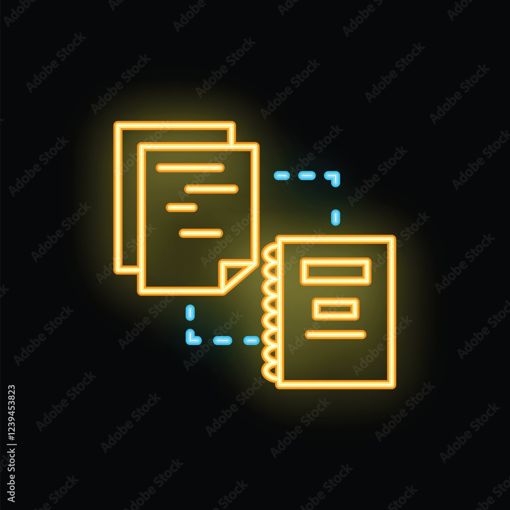 Poster bright neon icon of documents transferring to a notebook, symbolizing data synchronization in a mode
