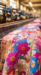 Fototapeta premium Vibrant Floral Textile on Industrial Loom: Colorful Fabric with Pink Blue Flowers, Artisan Crafting, Traditional Weaving Techniques in Busy Textile Manufacturing