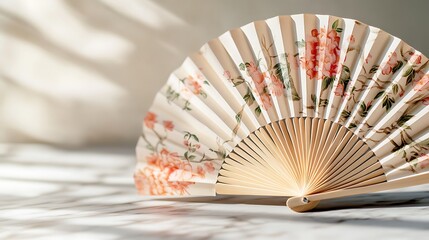 Elegant Floral Hand Fan on Marble Surface