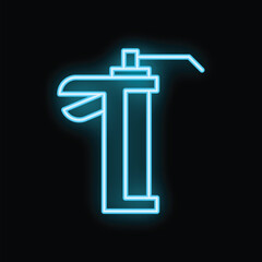 Blue neon sign of a soap dispenser is glowing on a black background