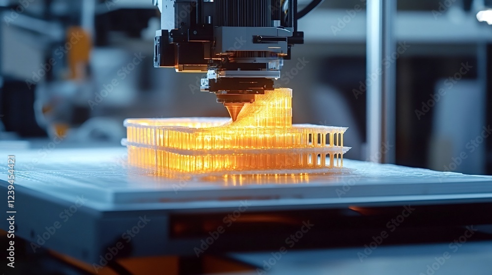 Poster automated 3d printer producing a detailed plastic model prototype, showcasing innovative technology 