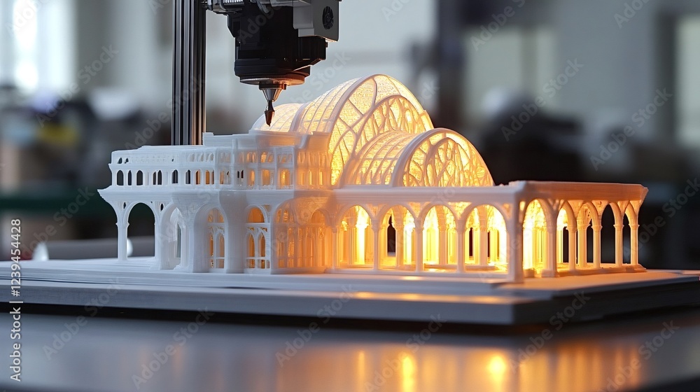 Poster modern 3d printer creating detailed architectural model of an illuminated building, showcasing advan
