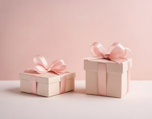 Obraz premium 2 Set of pastel light pink beige cream gift present heart love shape box with bow ribbon on transparent PNG. Mockup template for design. perspective open close flat lay view different angle. pink 