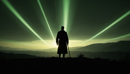 Silhouetted figure stands on a hilltop. Green beams shoot into the sky, with a landscape visible in the background.