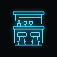 Neon glowing sign of a bar counter with stools, shining on black wall background