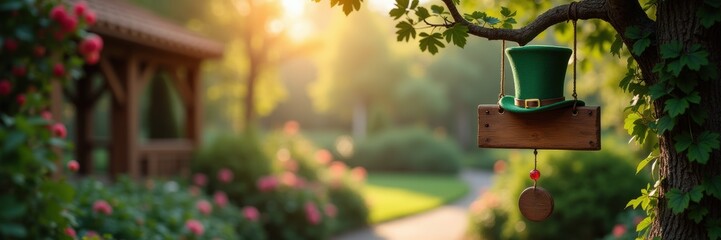 Celebrate St. Patrick's Day with this enchanting scene featuring a festive green hat in a beautiful garden setting, perfect for seasonal promotions and event marketing.