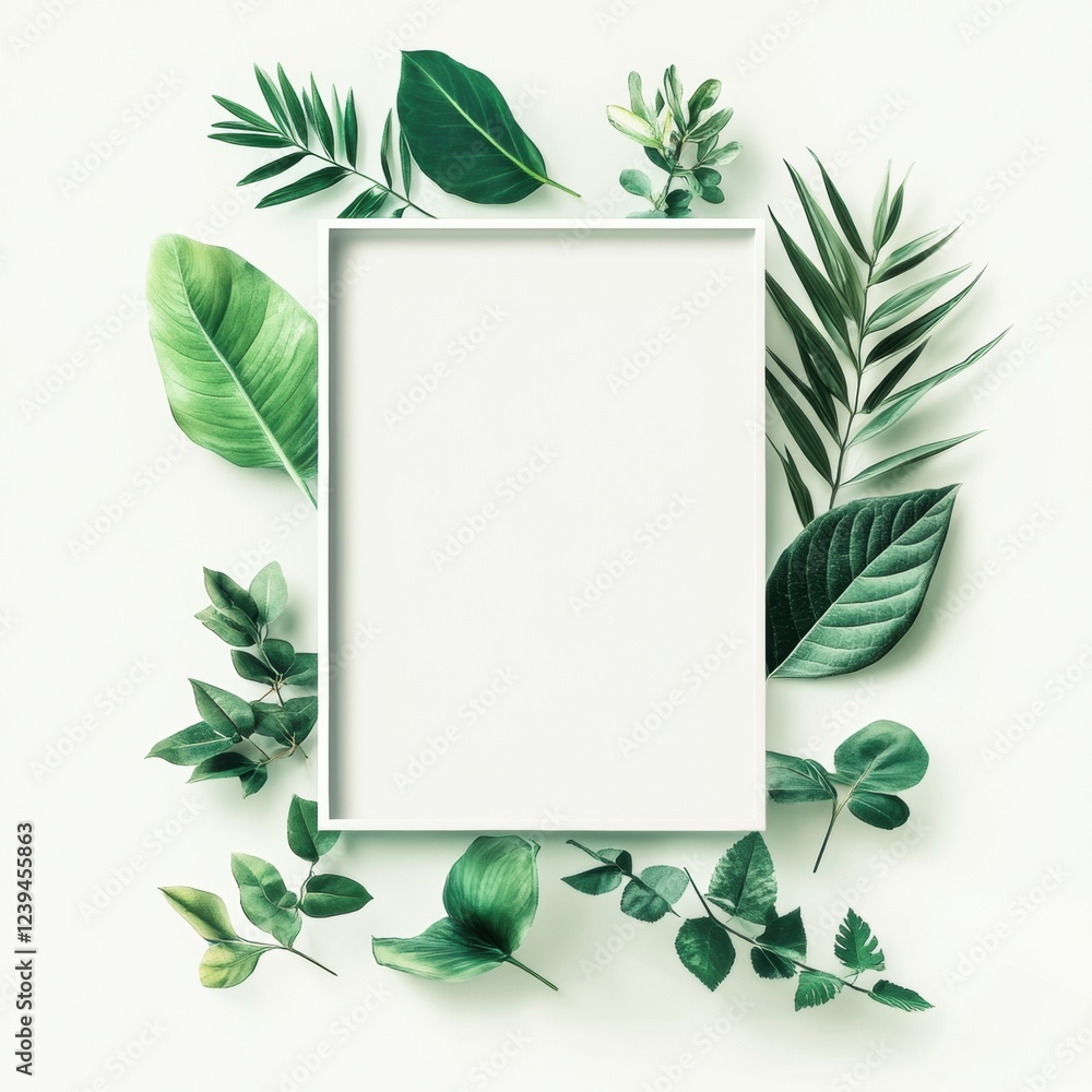 Poster natural frame created with various green leaves on a light background for showcasing artwork or phot