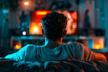 Fototapeta premium Generative AI Image of a Person Watching a Movie at Home with Vibrant Cinema Ambiance