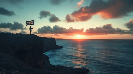 Silhouette Person Holds Thanks Two Thousand Twenty Four Flag at Sunset