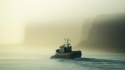Obraz premium Fishing Vessel Navigating Through Foggy Waters, with Blurred Cliffs and a Faint Outline of Distant Land Barely Visible, Creating a Mysterious and Atmospheric Maritime Scene