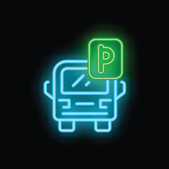 Fototapeta premium Glowing neon line icon of a bus with a parking sign, great for transportation concepts