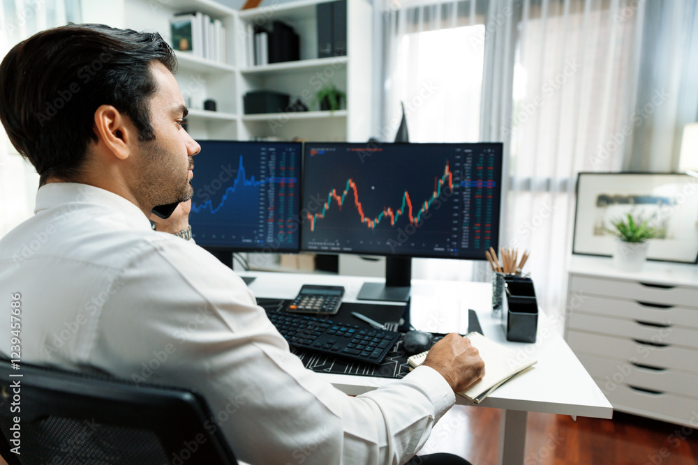 Aufkleber trader businessman calling to consultant or partner with two stock exchange investment, compare data