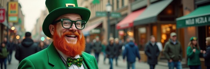A cheerful leprechaun in vibrant green attire celebrates St. Patrick's Day amidst a bustling street, capturing the festive spirit and community joy of this cultural holiday.