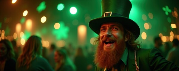 Celebrate St. Patrick's Day with joy! This vibrant image captures the festive spirit, featuring a cheerful leprechaun in a lively atmosphere perfect for any celebration.