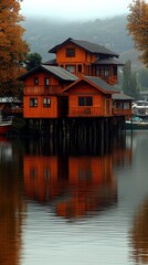 Rustic Lakefront Stilt House in Autumn Landscape with Orange Foliage, Calm Water Reflections, Misty Mountains, and Vibrant Seasonal Scenery at Tranquil Lakeside